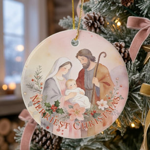 Ornamento De Cerâmica Sagrada Família Rosa Pastel Aquarela Natal TMF26