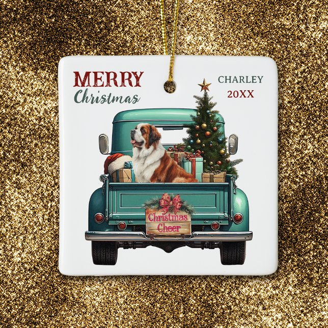 Ornamento De Cerâmica Saint Bernard Dog Retro Truck Christmas (Criador carregado)