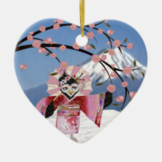 Ornamento De Cerâmica Sakura Geisha Bird no Snow Cherry Blossoms