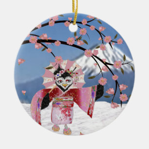 Ornamento De Cerâmica Sakura Geisha Pássaro na Neve Flores de Cerejeira