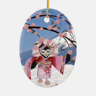 Ornamento De Cerâmica Sakura Geisha Pássaro na Neve Flores de Cerejeira