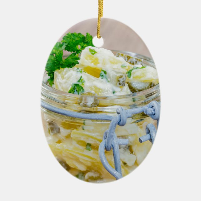 Ornamento De Cerâmica Salada de batata num frasco em madeira (Frente)