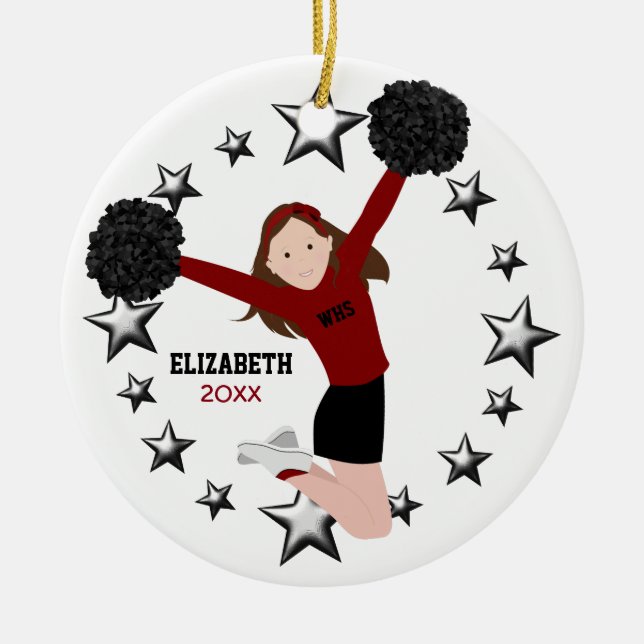 Ornamento De Cerâmica Salas De Cheerleader Brunette Em Vermelho E Preto (Frente)
