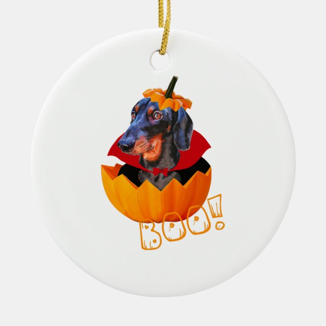 Ornamento De Cerâmica Salsicha de Halloween Boo Pumpkin Dachshund (Frente)