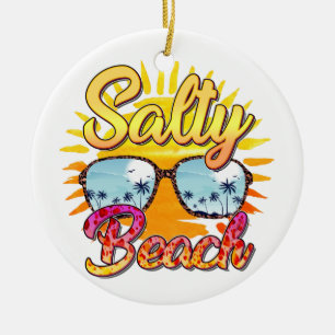 Ornamento De Cerâmica Salty Beach   Sol Tropical e Árvore Palm