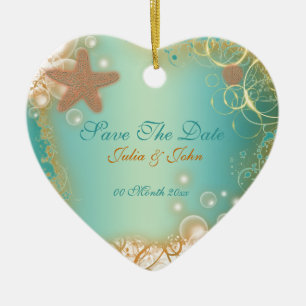 Ornamento De Cerâmica Salvar o anúncio do tema da praia do casamento da
