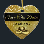 Ornamento De Cerâmica Salve a data Dourada dos Anéis de Casamento - Orna<br><div class="desc">Glitter de ouro elegante e luxuoso com 2 anéis de ouro interligados.</div>