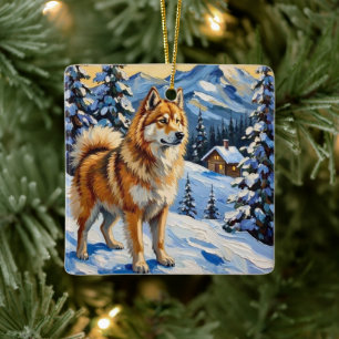 Ornamento De Cerâmica Samoyed Antigo em Paisagem Alpina de Natal