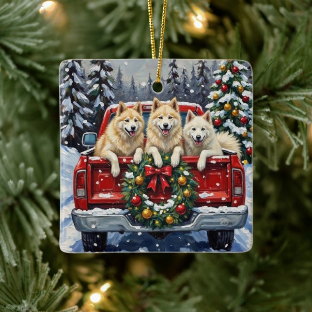 Ornamento De Cerâmica Samoyed Christmas Red Truck Holiday (Árvore)