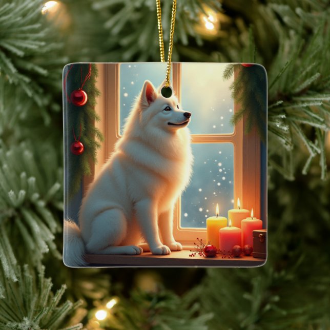 Ornamento De Cerâmica Samoyed Under the Mistletoe Christmas Painting (Árvore)