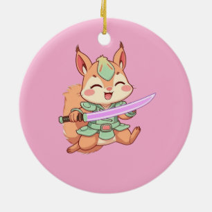 Ornamento De Cerâmica Samurai Esquilo Kawaii.
