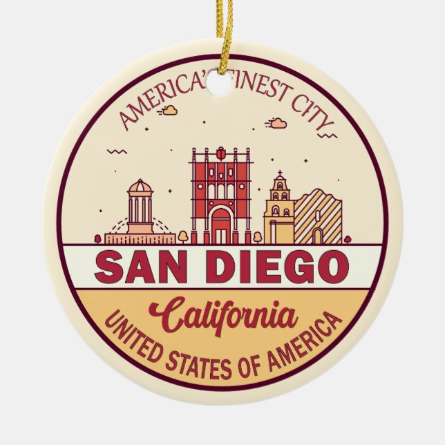 Ornamento De Cerâmica San Diego California City Skyline Emblem (Frente)