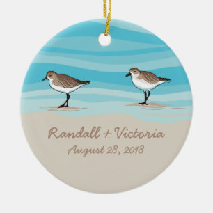 Ornamento De Cerâmica Sandpipers on Beach Wedding Date Names in Sand