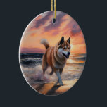 Ornamento De Cerâmica Sandy Paws Akita Dog em Beach Sunset<br><div class="desc">Mergulhe na beleza tranquila do nosso cão "Sandy Paws and Sunset Hues" na design do pôr do sol da praia. Esta cena cativante captura a essência de uma noite perfeita na costa, com um companheiro leal canino desfrutando das areias ouros e das lutas respiratórias do sol. Quer você seja um...</div>