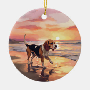 Ornamento De Cerâmica Sandy Paws Beagle Dog em Beach Sunset