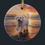 Ornamento De Cerâmica Sandy Paws Bichon Frise Dog em Beach Sunset<br><div class="desc">Mergulhe na beleza tranquila do nosso cão "Sandy Paws and Sunset Hues" na design do pôr do sol da praia. Esta cena cativante captura a essência de uma noite perfeita na costa, com um companheiro leal canino desfrutando das areias ouros e das lutas respiratórias do sol. Quer você seja um...</div>