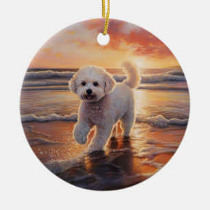 Ornamento De Cerâmica Sandy Paws Bichon Frise Dog em Beach Sunset