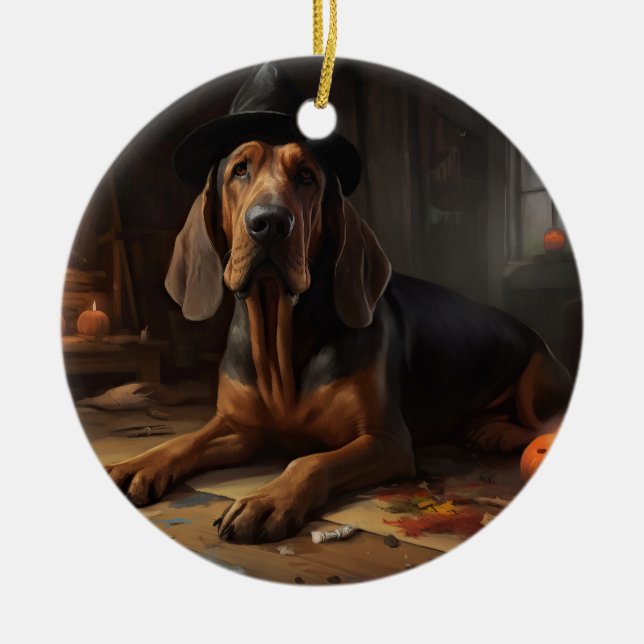 Ornamento De Cerâmica Sanguhound Pumpkins Halloween Assustado (Frente)