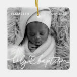 Ornamento De Cerâmica Santa Batismo Foto do Bebê do Coração Chic Moderno<br><div class="desc">Essa design simples e moderna é composta por tipografia de serifa e adiciona uma foto personalizada,  adiciona nome de bebê e mês e ano de batismo</div>