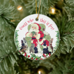 Ornamento De Cerâmica Santa & Bunny Rabbits Custom Christmas Gift Cute<br><div class="desc">Santa is exclaiming, "Guess who this is for!" as he holds a wrapped Christmas present, while a household's pet bunny rabbits simply cannot wait for their gifts! Perfect for any rabbit lover or animal lover, the design features my original, copyrighted artwork done in acrylics and watercolor. Painted holiday greenery and...</div>