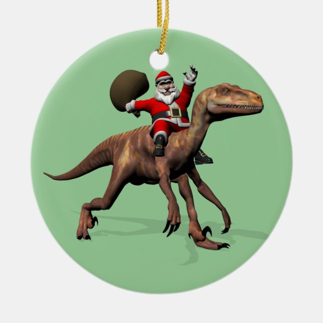 Ornamento De Cerâmica Santa Claus Andando Em Deinonychus (Frente)