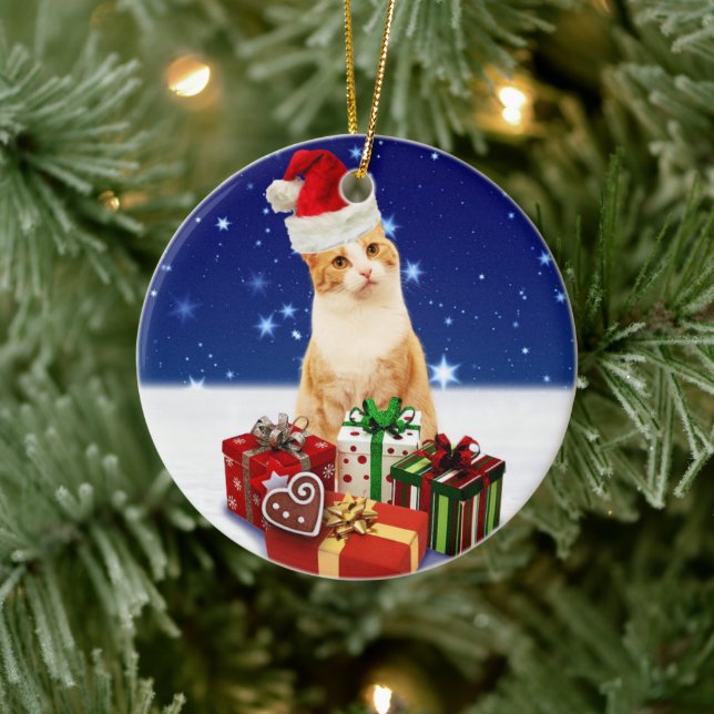 Ornamento De Cerâmica Santa Claus Cat com presente de Natal (Árvore)