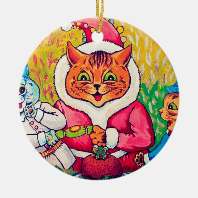 Ornamento De Cerâmica Santa Claus Cat, Louis Wain (Frente)