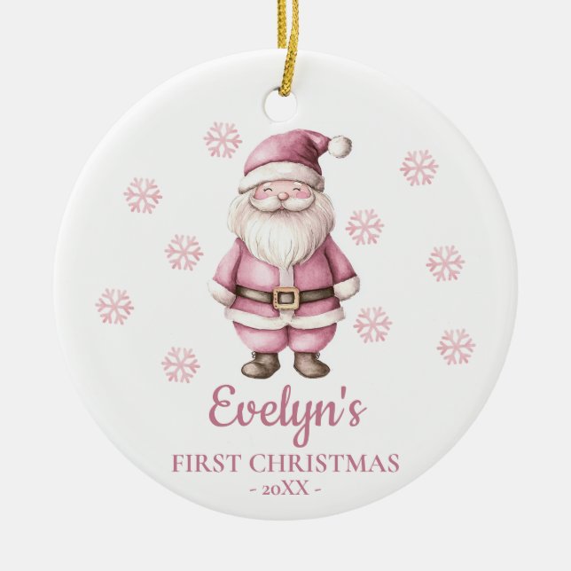 Ornamento De Cerâmica Santa Claus Personalized Girl's First Christmas (Frente)