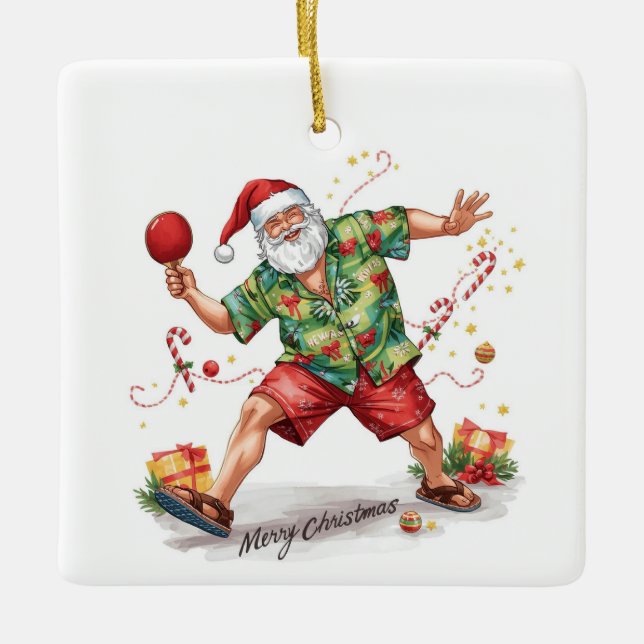Ornamento De Cerâmica Santa Claus playing ping pong in a Hawaiian shirt (Frente)