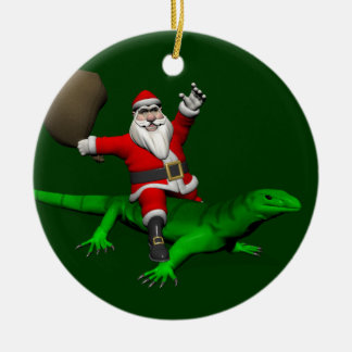 Ornamento De Cerâmica Santa Claus Riding Green Lizard