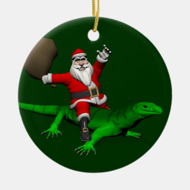 Ornamento De Cerâmica Santa Claus Riding Green Lizard (Frente)