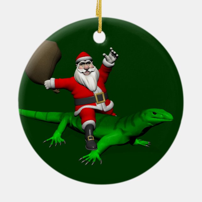 Ornamento De Cerâmica Santa Claus Riding Green Lizard (Traseira)