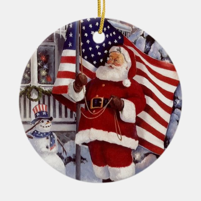 Ornamento De Cerâmica Santa Claus segurando bandeira americana (Frente)