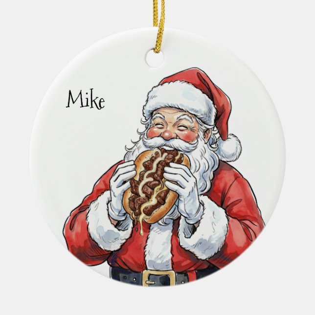 Ornamento De Cerâmica Santa eating Philly Cheesesteak Ceramic Ornament (Frente)
