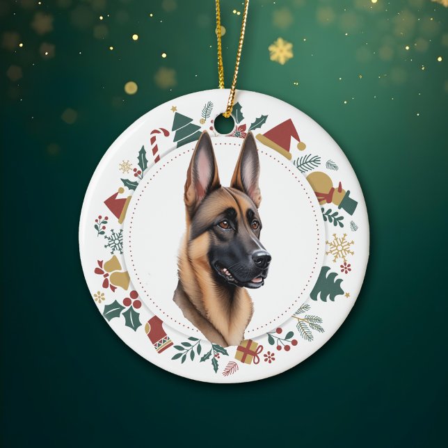 Ornamento De Cerâmica Santa Hat Belga Malinois Dog Wreath (Criador carregado)
