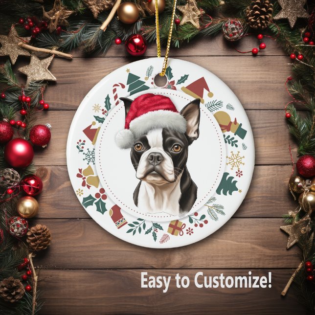 Ornamento De Cerâmica Santa Hat Boston Terrier Dog Wreath de Natal (Criador carregado)