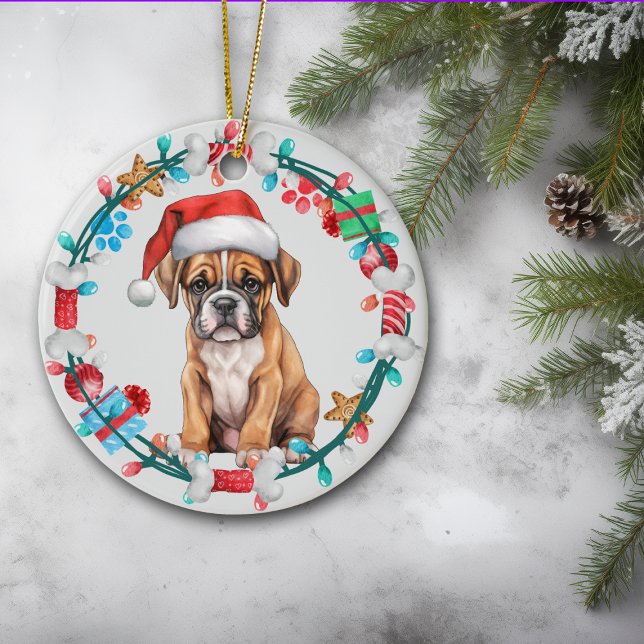 Ornamento De Cerâmica Santa Hat Boxer Puppy Bone Wreath (Criador carregado)