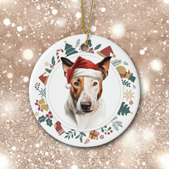 Ornamento De Cerâmica Santa Hat Bull Terrier Dog Holiday Wreath (Criador carregado)