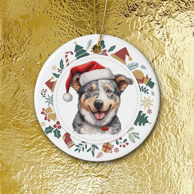 Ornamento De Cerâmica Santa Hat Cattle Dog Wreath (Criador carregado)