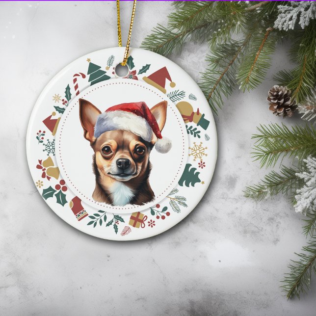 Ornamento De Cerâmica Santa Hat Chihuahua Dog Wreath de Natal (Criador carregado)