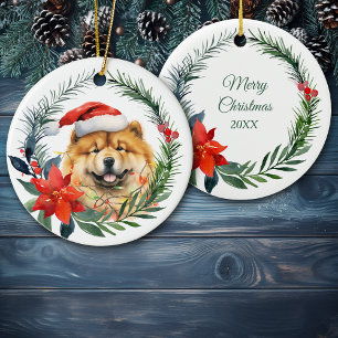 Ornamento De Cerâmica Santa Hat Chow Chow Dog Watercolor Poinsettia