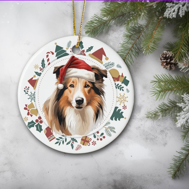 Ornamento De Cerâmica Santa Hat Collie Dog Images Wreath (Criador carregado)