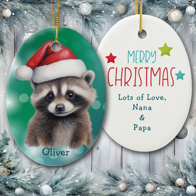 Ornamento De Cerâmica Santa Hat Cute Raccoon Kids Ceramic Ornament (Criador carregado)