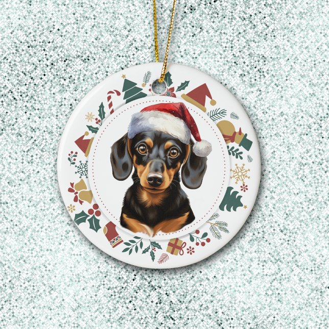 Ornamento De Cerâmica Santa Hat Dachshund Dog Fúria Fúria Imagens de Nat (Criador carregado)