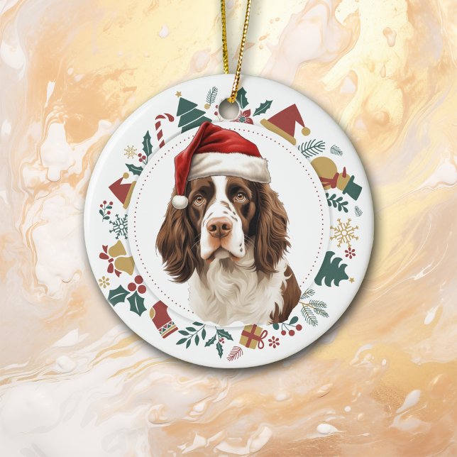 Ornamento De Cerâmica Santa Hat English Springer Spaniel Wreath (Criador carregado)