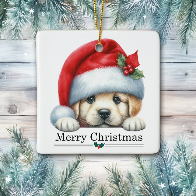 Ornamento De Cerâmica Santa Hat Golden Retriever Puppy Merry Christmas (Criador carregado)