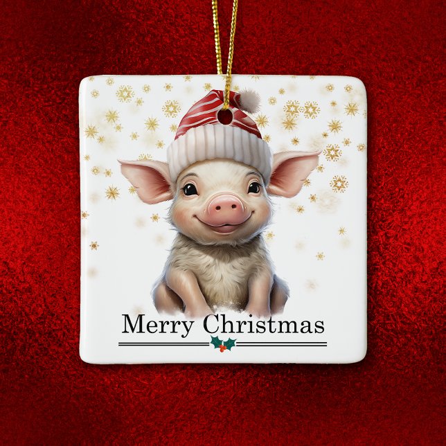 Ornamento De Cerâmica Santa Hat Little Pig Merry Christmas (Criador carregado)