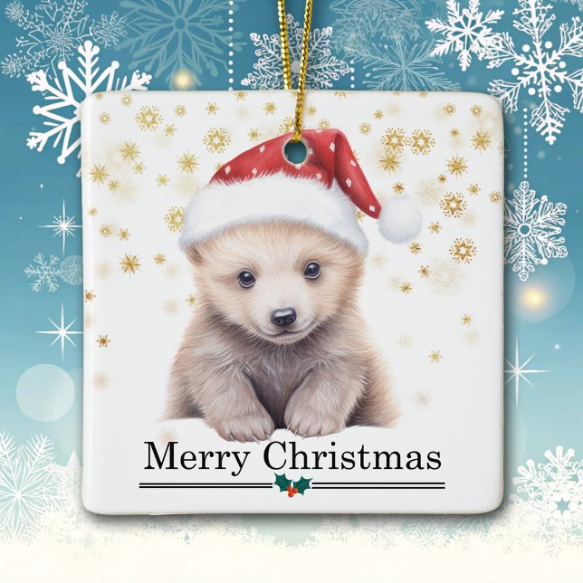 Ornamento De Cerâmica Santa Hat Polar Bear Cub Merry Christmas (Criador carregado)