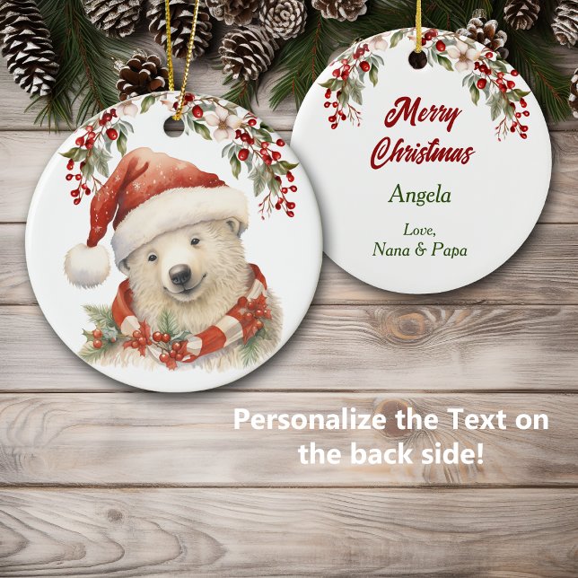 Ornamento De Cerâmica Santa Hat Polar Bear Holly Berries Natal (Criador carregado)