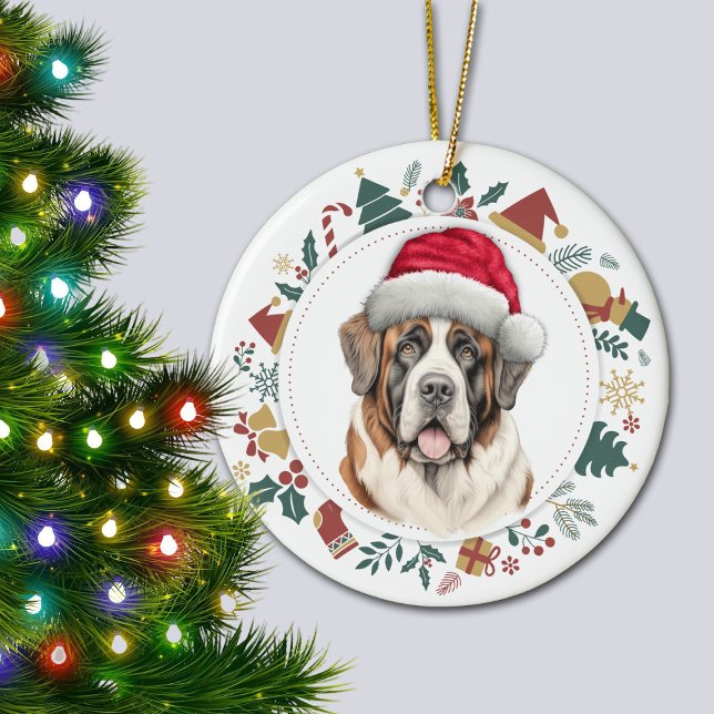 Ornamento De Cerâmica Santa Hat Santo Bernard Dog Wreath de Natal (Criador carregado)